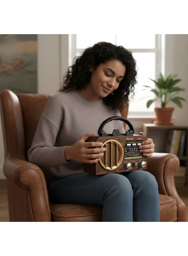 راديو محمول- متعدد الموجات FM/AM/SW - يعمل بالطاقة الشمسية والبلوتوث ومشغل MP3 - تصميم خشبي كلاسيك - موديل RX-966s - Image 4